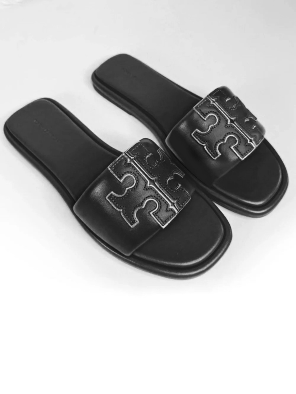 Tory Burch Double T Sport Slide Leather Sandals - Black - Picture 2 of 8